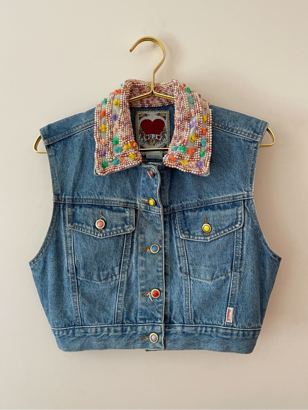 VINTAGE JUJU EUC Rare Hand Embellished Collar Light Wash Denim Maximalist Vest